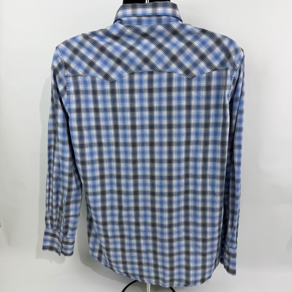 Wrangler Wrancher Mens Large Blue Plaid Pearl Snap Western Long Sleeve Shirt - Picture 10 of 11